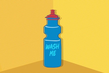 Illustration of a blue water bottle with words wash me on yellow background