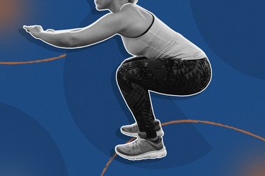 photo of person doing squat exercise on blue background