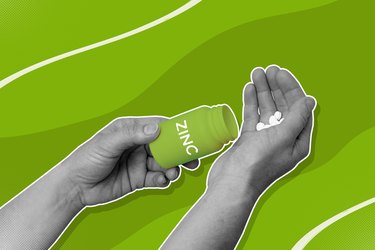custom image of two hands, one pouring a bottle of zinc pills into the other over a green background