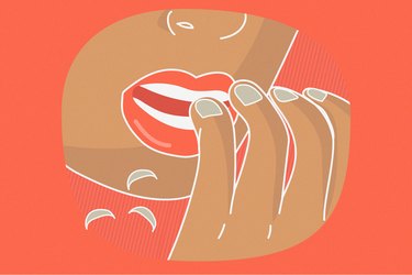 close up illustration ofperson biting nails with red lipstick and red-orange background