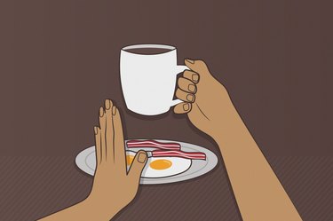 Illustration of a hand holding a mug of coffee and another hand saying no to breakfast, to represent drinking coffee on an empty stomach