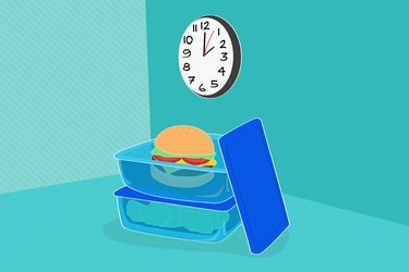 illustration showing burger in glass container on countertop with clock overhead