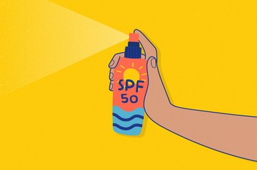 illustration of a person's hand spraying a bottle of spray sunscreen on a yellow background