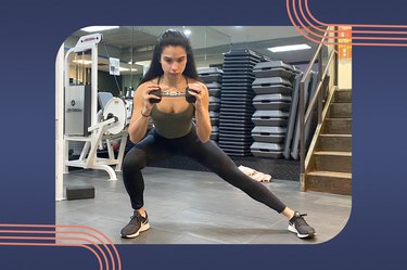 Woman doing a side lunge with a single dumbbell during a side butt workout at the gym