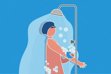 illustration of person wearing shower cap in the shower not washing hair