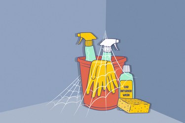 illustration of a bucket full of car cleaning supplies with cobwebs on it, to represent never cleaning your car