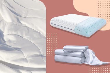 a collage of some of the best products for hot sleepers on a peach background