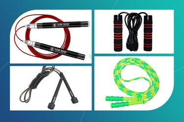 Different types of jump ropes on a blue background.