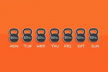 illustration of 7 20-pound kettlebells for every day of the week on orange background