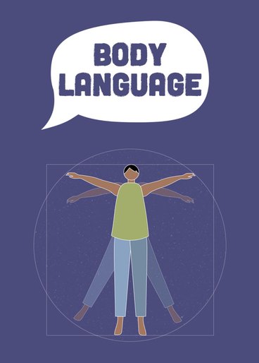 illustration of a person styled as DaVinci's Vitruvian Man on a purple background with text reading body language