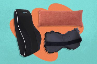 Collage of the best lumbar support pillows on a blue and orange background