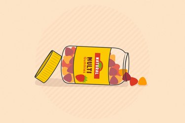 an illustration of a bottle of gummy vitamins spilling out, on a light peach background