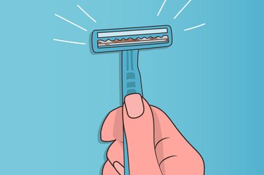 an illustration of a person's hand holding a rusty razor on a blue background