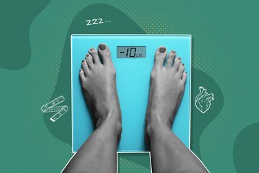 A person's feet on a bathroom scale, with illustrations of what happens when you lose 10 pounds