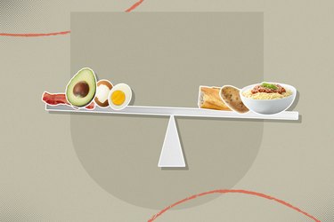mixed media graphic of scale showing high-fat high-protein foods for keto diet balancing high-carb foods on gray background