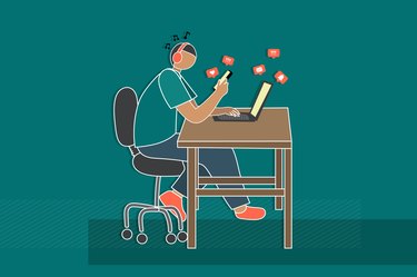 An illustration of a person multitasking by working on a laptop, looking at their phone and listening to music