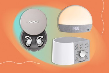 A collage of the best white noise machines against a colorful orange and green background.