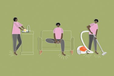 Illustration of a person going barefoot at home while working, sitting on the couch and cleaning