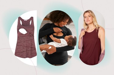 Collage of the best workout tops for breast or chestfeeding on a colorful background.