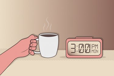 custom graphic showing hand holding cup of coffee with alarm clock reading 3pm