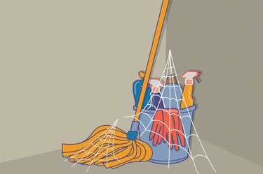 Illustration of a pile of cleaning products covered in cobwebs, to illustrate never deep cleaning your house