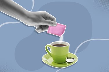 hand pouring content in pink sugar packet into coffee