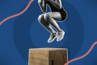 woman landing a box jump on a navy blue and coral background