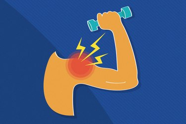 illustration showing one arm with red circle and lightning bolts signifying pain lifting a blue dumbbell