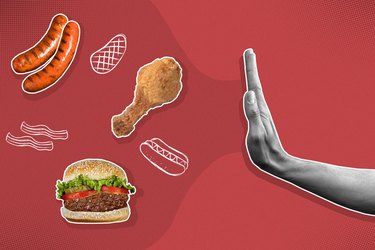 Mixed media graphic showing hand rejecting meat products