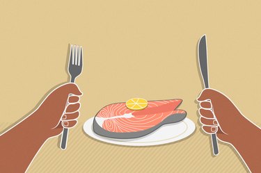 custom graphic showing hands holding fork and knife with salmon on plate