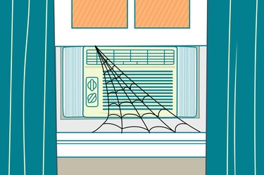 Illustration of a window AC unit covered in cobwebs because it hasn't been cleaned