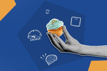 Blue and yellow illustration of the effects of added sugar on the body with hand holding cupcake