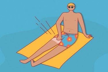 an illustration of a person sitting on a yellow beach towel wearing floral swim trunks lifting one leg to reveal a tanned thigh on a blue background