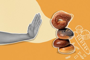 mixed media graphic of hand saying no to stack of bagels on yellow background