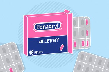 an illustration of a box of Benadryl and multiple blister packs on a light blue background