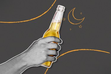 image of hand holding beer bottle on a gray background with moon and stars illustration