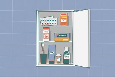 illustration of expired over-the-counter medications in medicine cabinet on blue tile bathroom wall