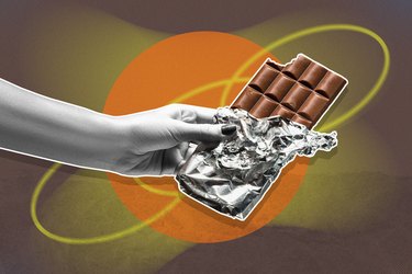 mixed media image of a hand holding a chocolate bar
