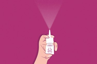 illustration of a person's hand spraying nasal spray into the air, on a magenta background