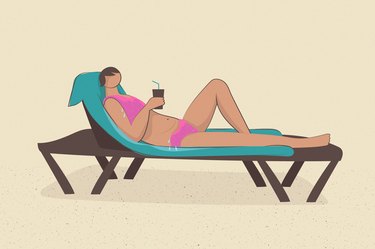 an illustration of a person sitting in a lounge chair wearing a wet bathing suit and drinking a beverage