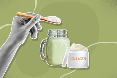 custom graphic showing hand with spoon putting collagen powder into mason jar